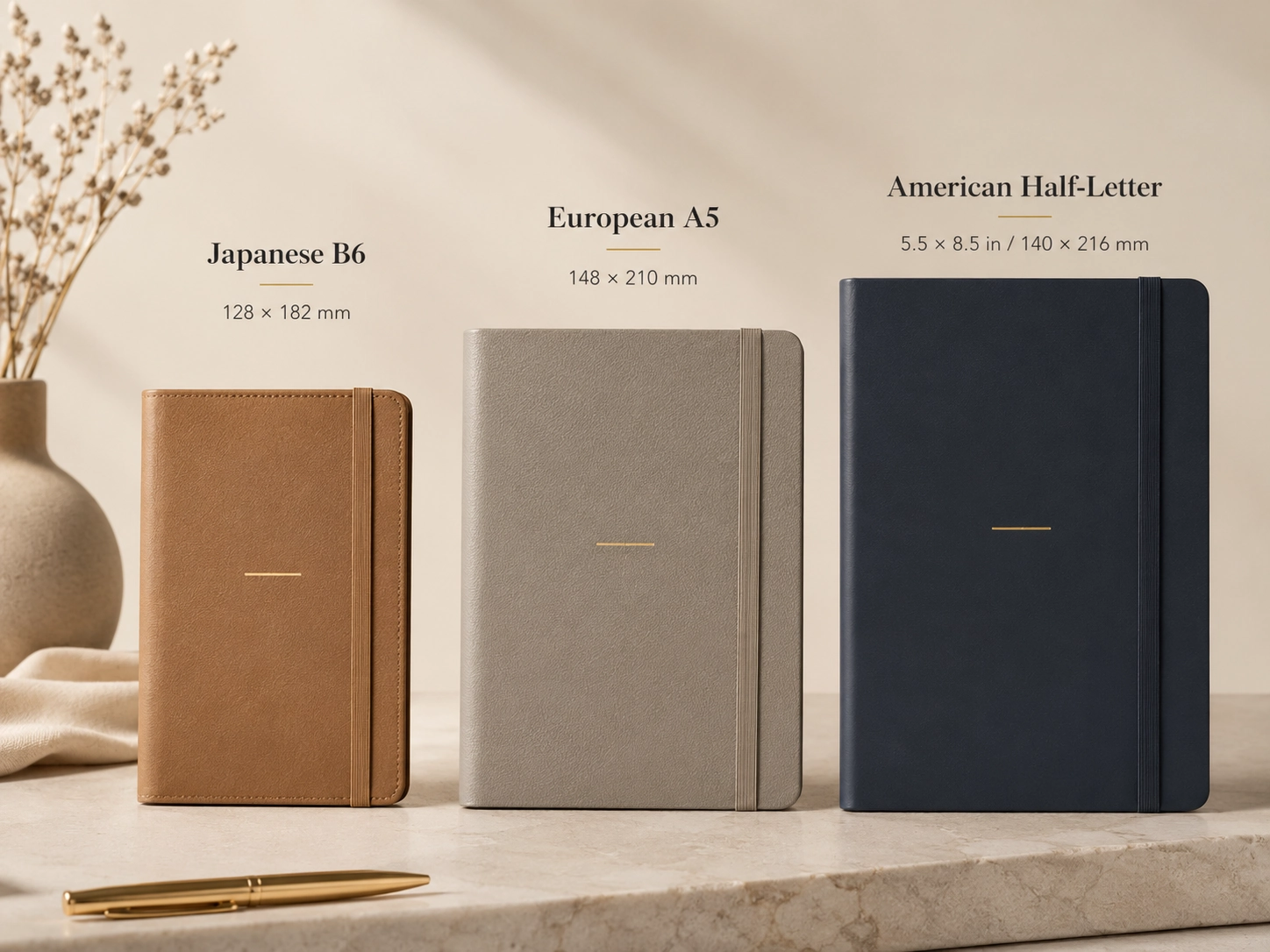 Comparison of Japanese B6, European A5, and American half-letter notebook sizes showing international paper standards and custom formats side by side Comparison of Japanese B6, European A5, and American half-letter notebook sizes showing international paper standards and custom formats side by side