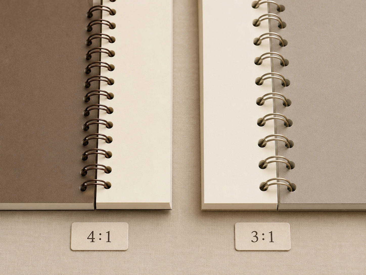 Side by side pitch comparison showing 4 to 1 versus 3 to 1 hole punch patterns and spiral binding elements for custom branded notebooks Side by side pitch comparison showing 4 to 1 versus 3 to 1 hole punch patterns and spiral binding elements for custom branded notebooks